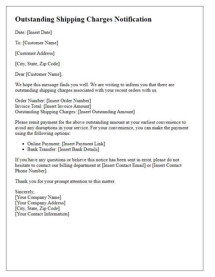 Letter template of outstanding shipping charges notification