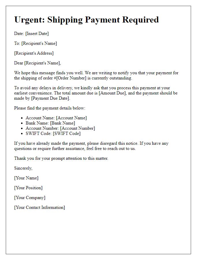 Letter template of shipping payment urgency notice