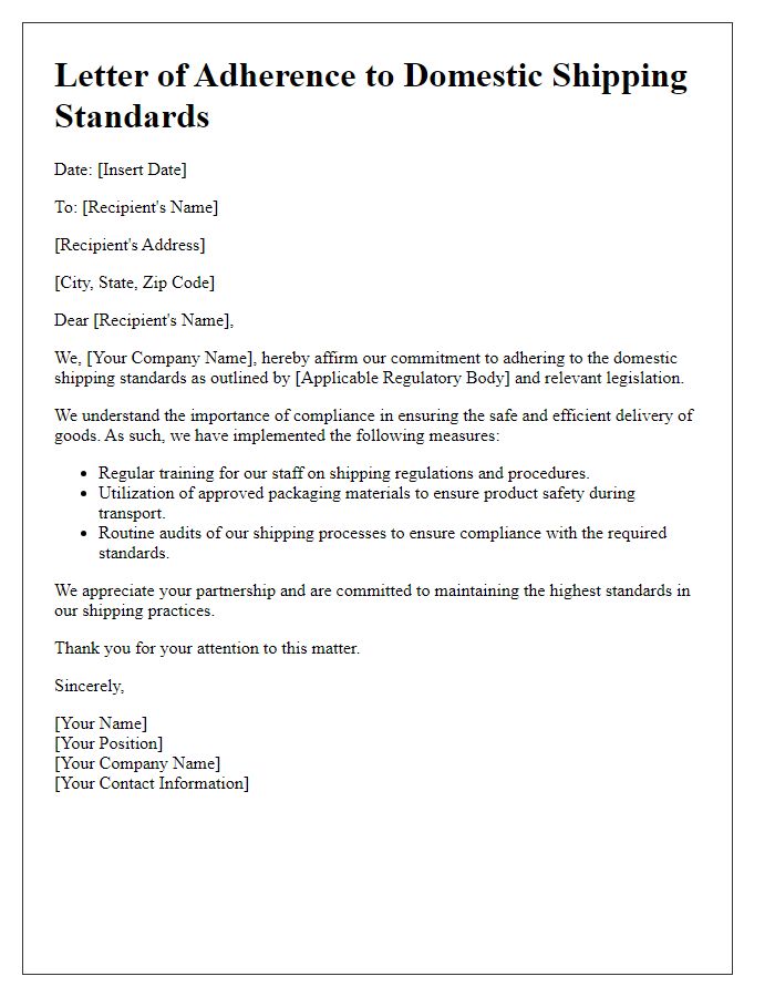 Letter template of adherence to domestic shipping standards