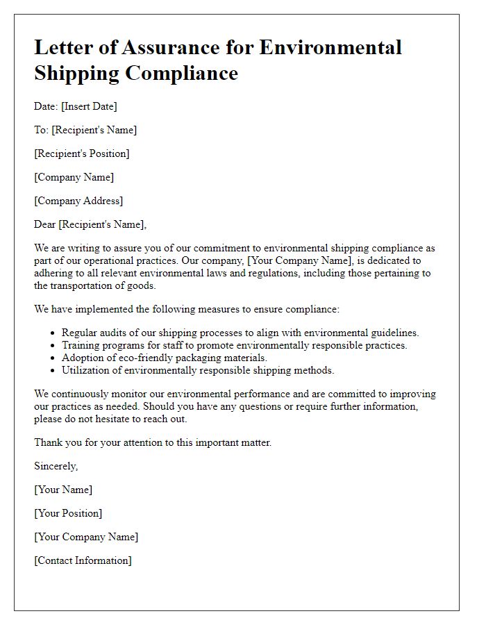 Letter template of assurance for environmental shipping compliance