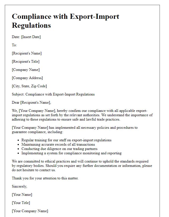 Letter template of compliance with export-import regulations