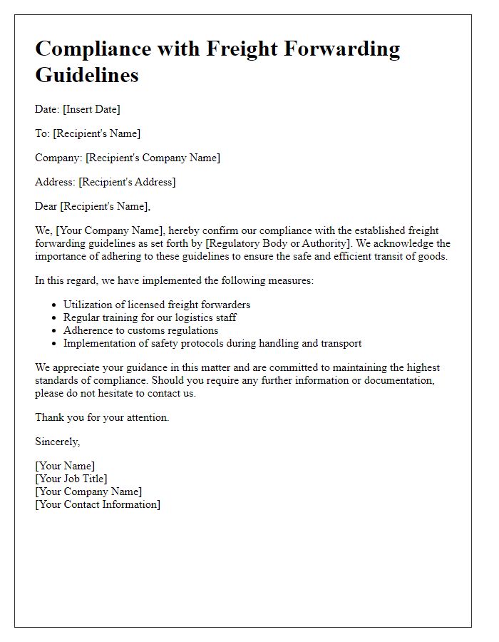 Letter template of compliance with freight forwarding guidelines