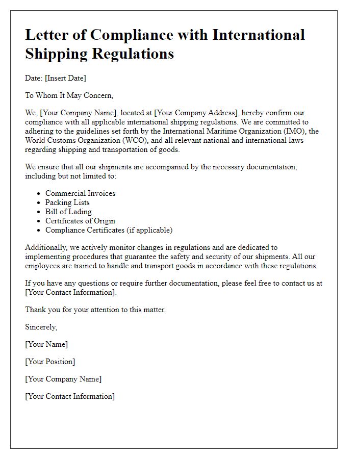 Letter template of compliance with international shipping regulations