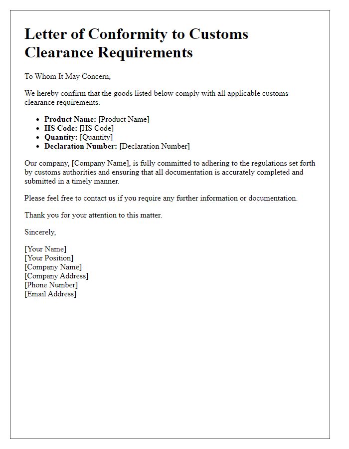 Letter template of conformity to customs clearance requirements