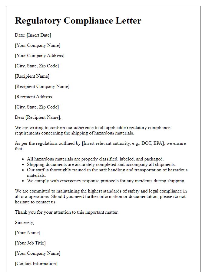 Letter template of regulatory compliance for hazardous materials shipping