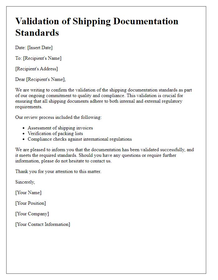 Letter template of validation for shipping documentation standards