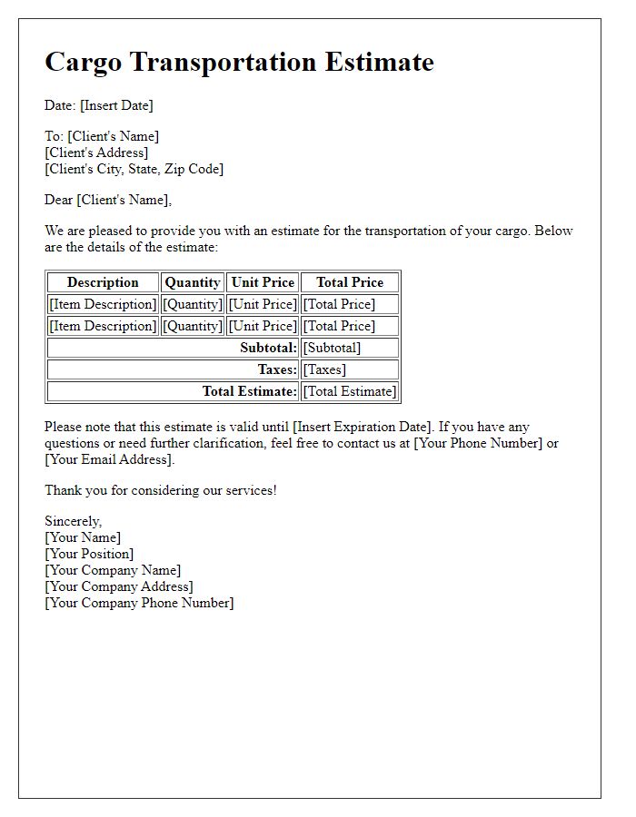 Letter template of cargo transportation estimate