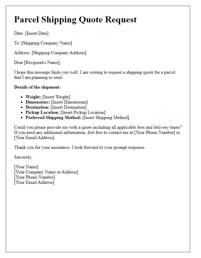 Letter template of parcel shipping quote request