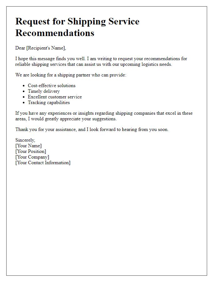 Letter template of request for shipping service recommendations