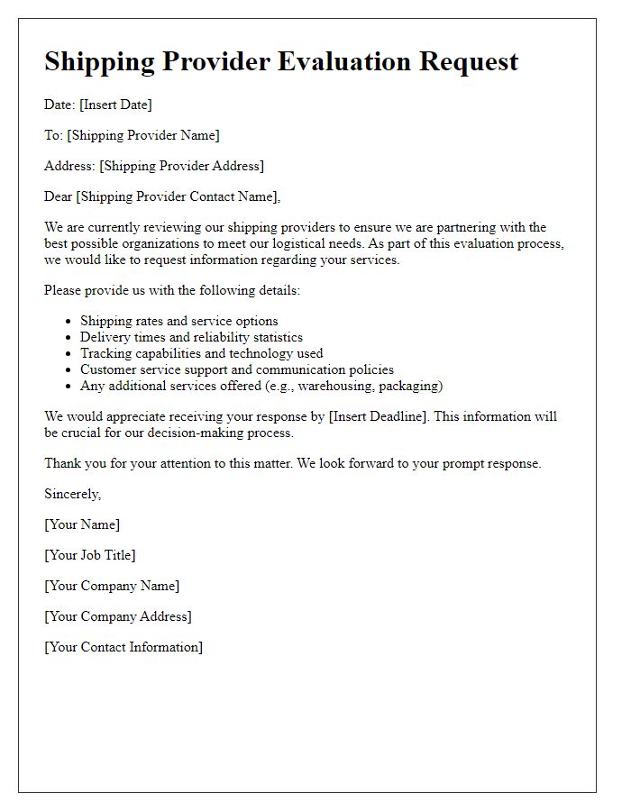 Letter template of shipping provider evaluation request