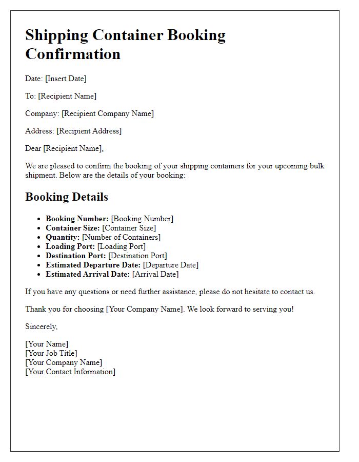 Letter template of shipping container booking confirmation for bulk shipment