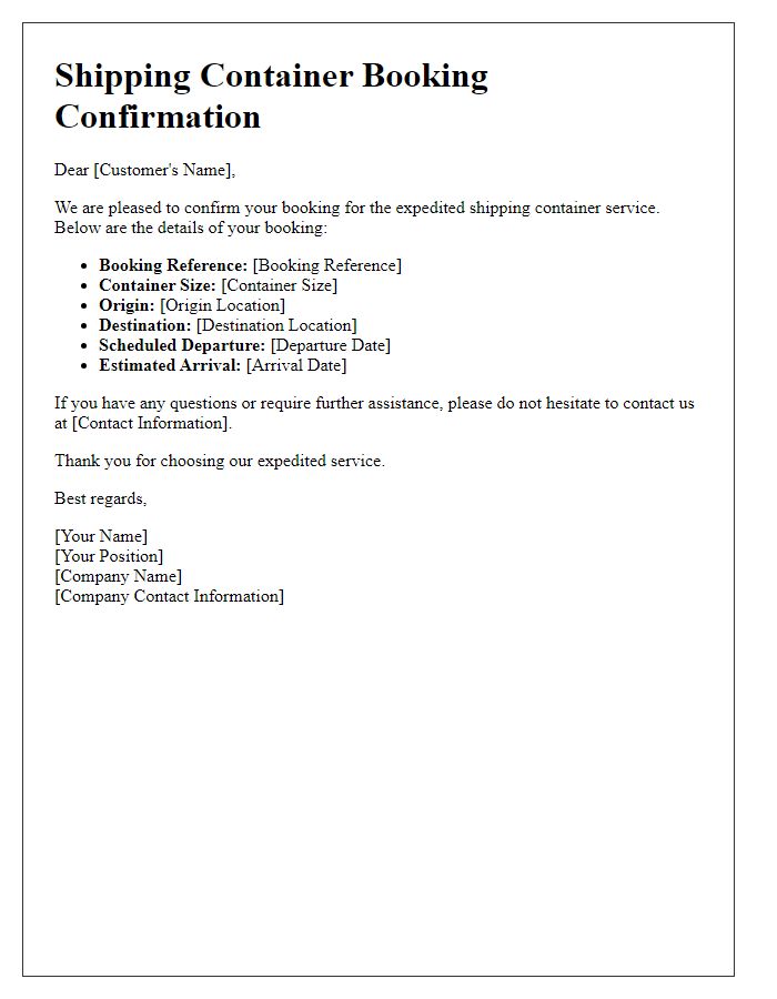 Letter template of shipping container booking confirmation for expedited service