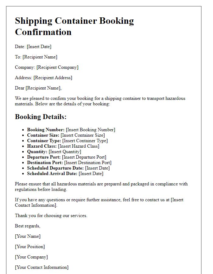 Letter template of shipping container booking confirmation for hazardous materials