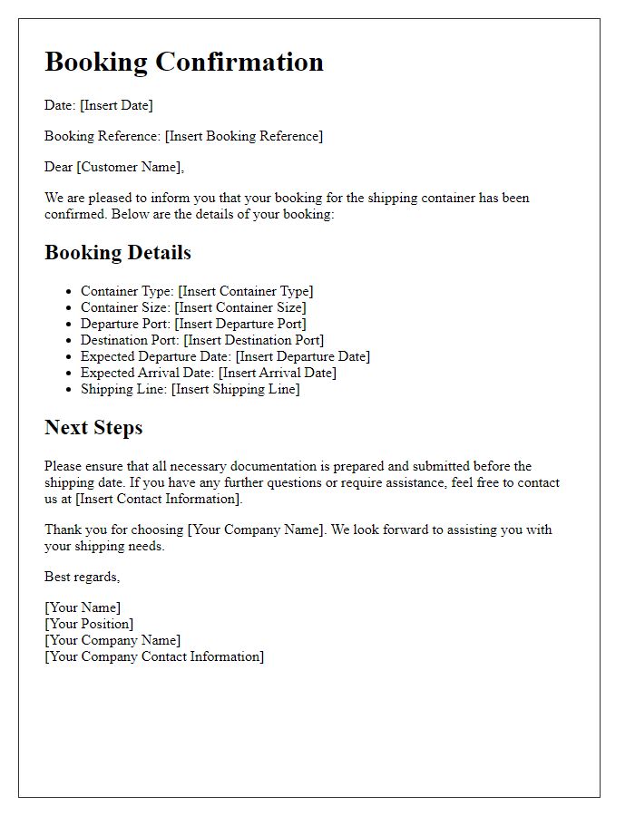 Letter template of shipping container booking confirmation for international transport