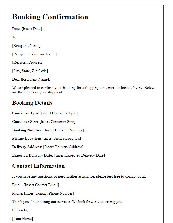 Letter template of shipping container booking confirmation for local delivery