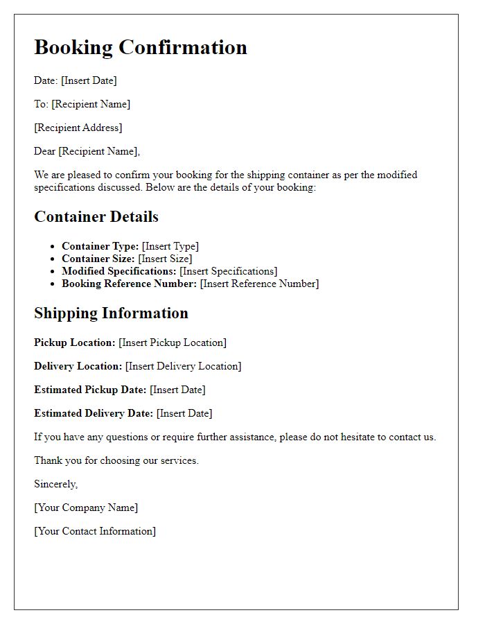 Letter template of shipping container booking confirmation for modified specifications