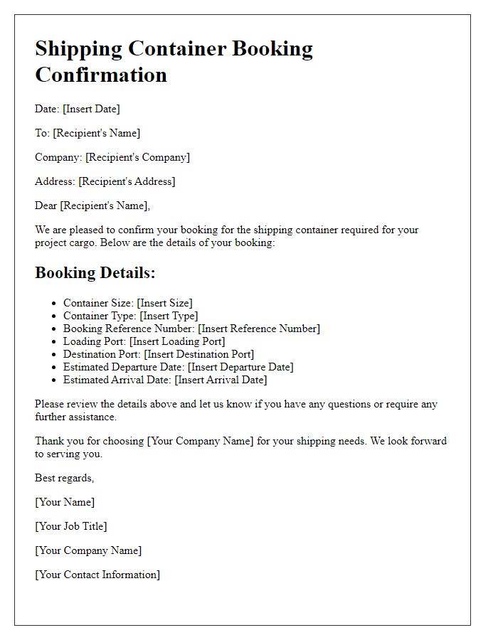 Letter template of shipping container booking confirmation for project cargo