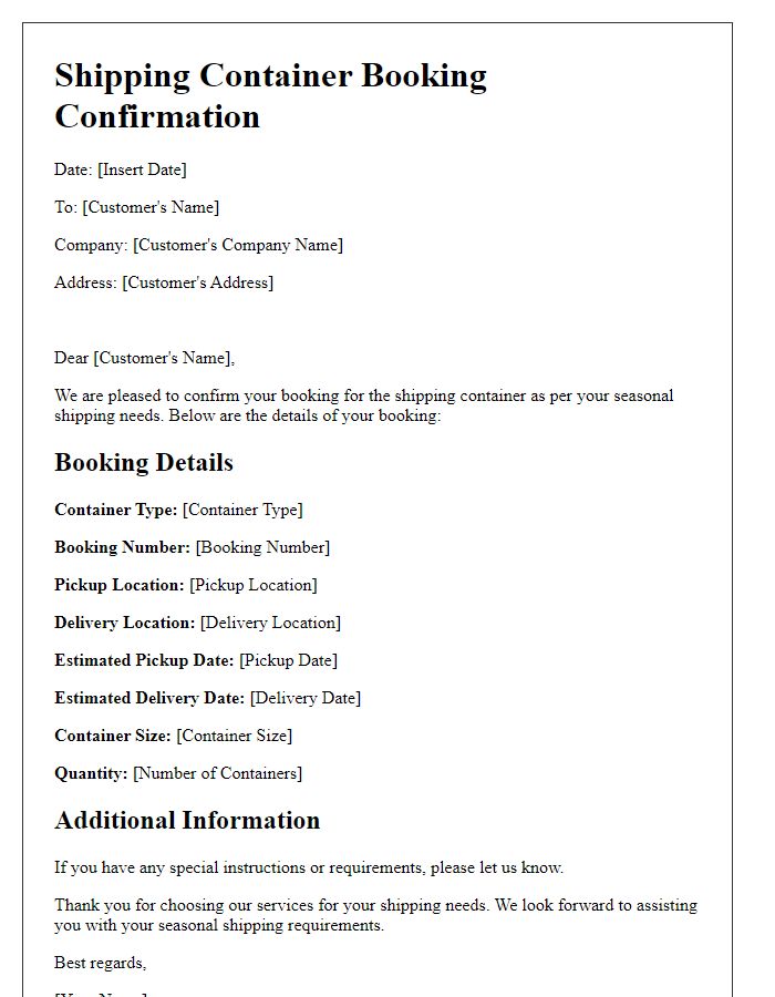 Letter template of shipping container booking confirmation for seasonal shipping needs