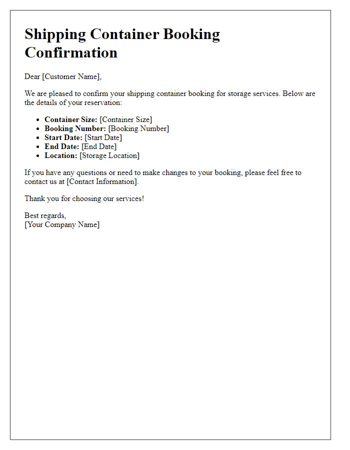 Letter template of shipping container booking confirmation for storage services