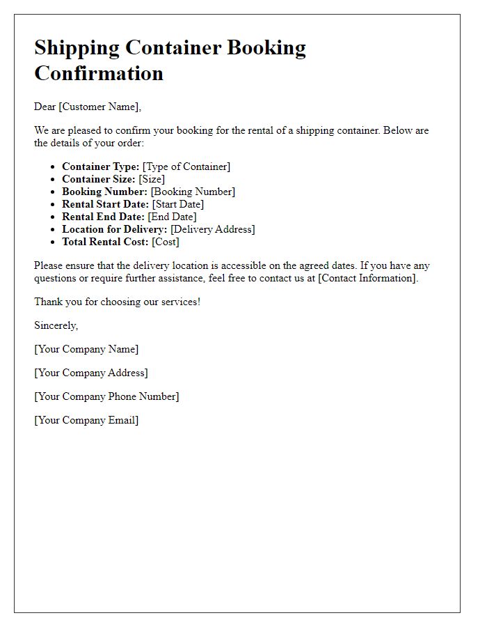 Letter template of shipping container booking confirmation for temporary rental