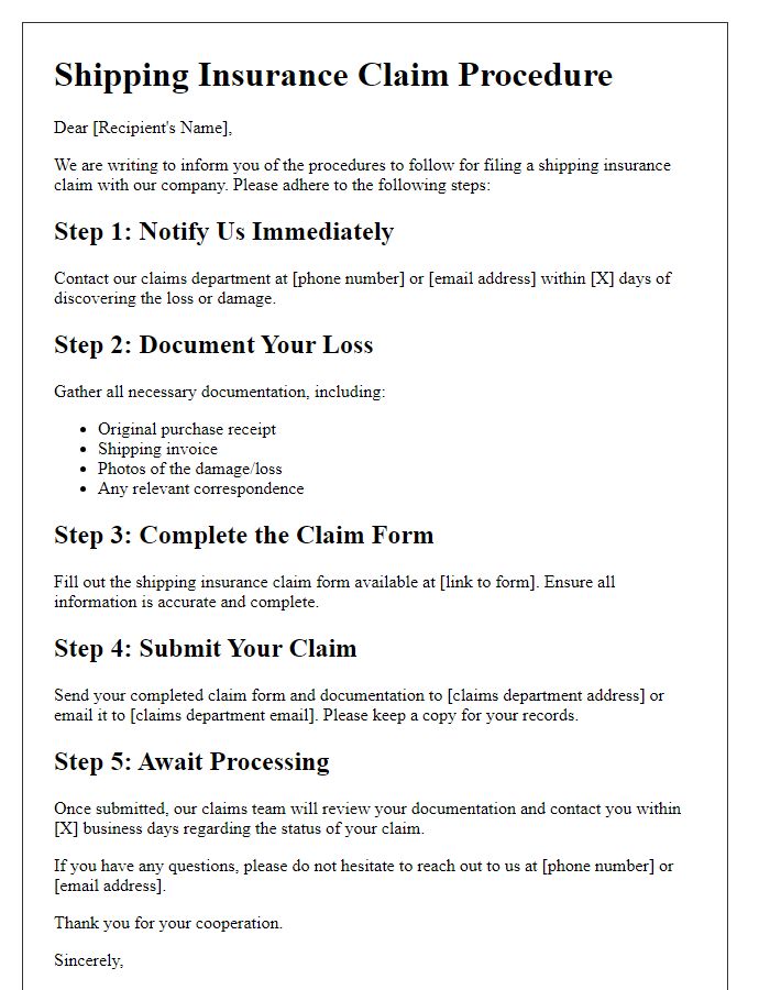 Letter template of shipping insurance claim procedures.