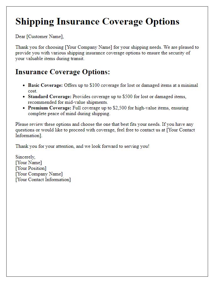 Letter template of shipping insurance coverage options.