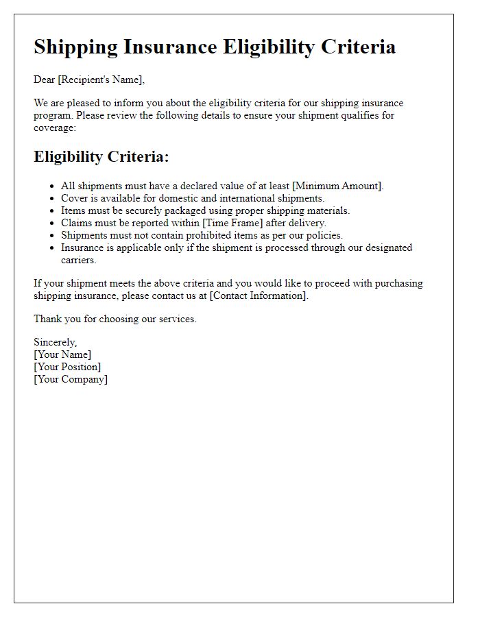 Letter template of shipping insurance eligibility criteria.