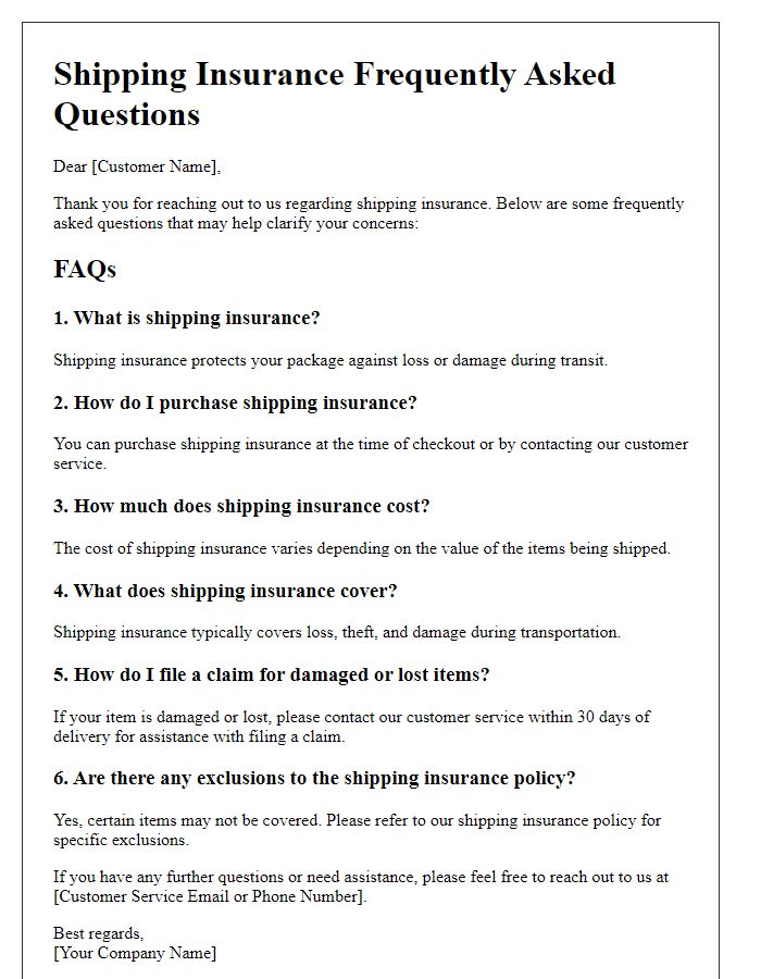 Letter template of shipping insurance frequently asked questions.