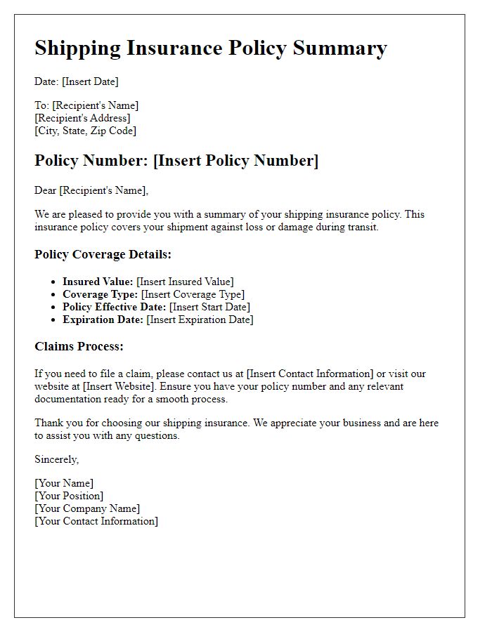 Letter template of shipping insurance policy summary.