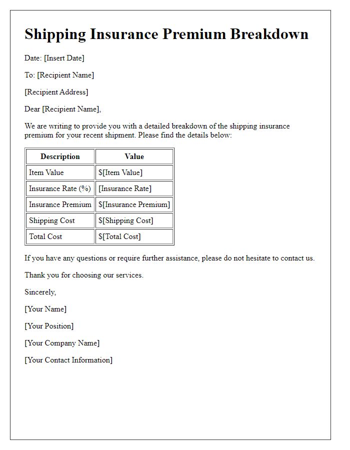 Letter template of shipping insurance premium breakdown.