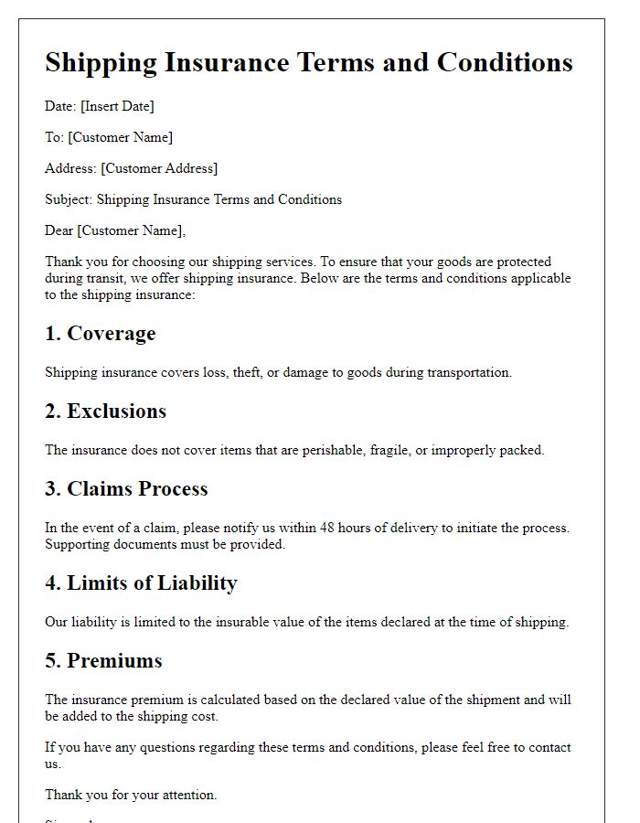 Letter template of shipping insurance terms and conditions.