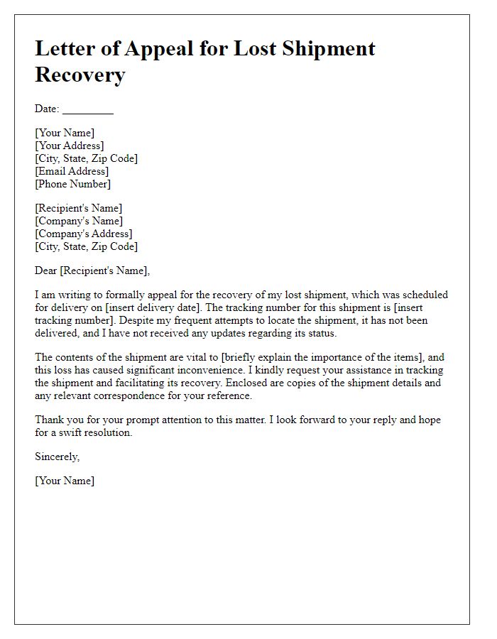 Letter template of appeal for lost shipment recovery