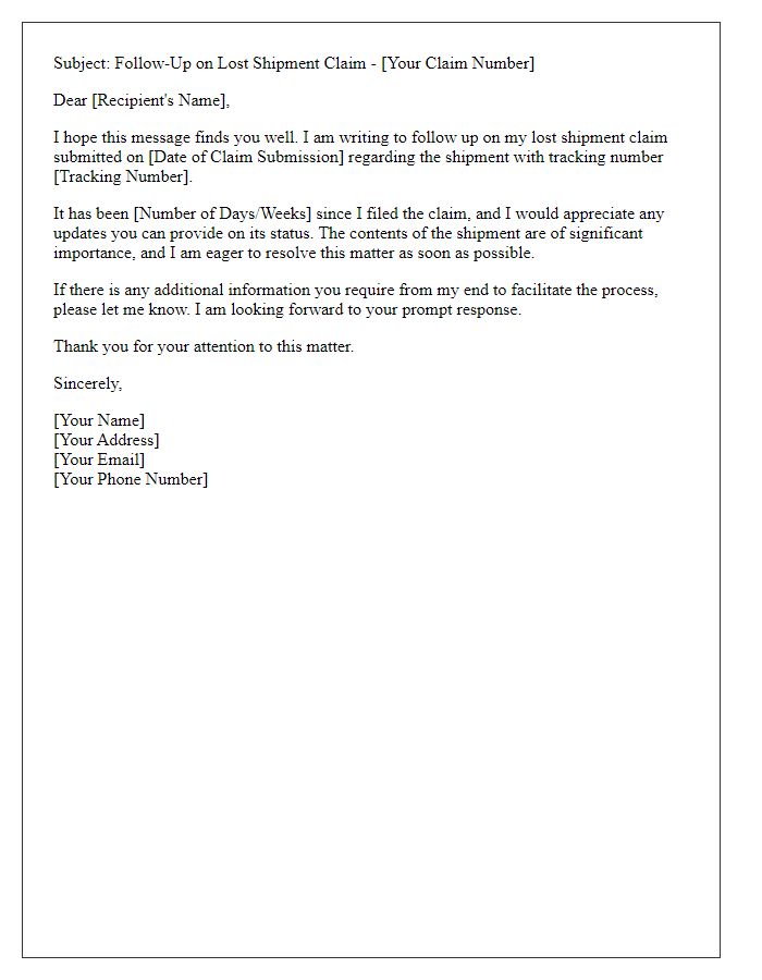 Letter template of follow-up on lost shipment claim