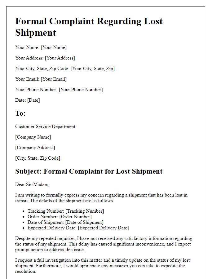 Letter template of formal complaint for lost shipment