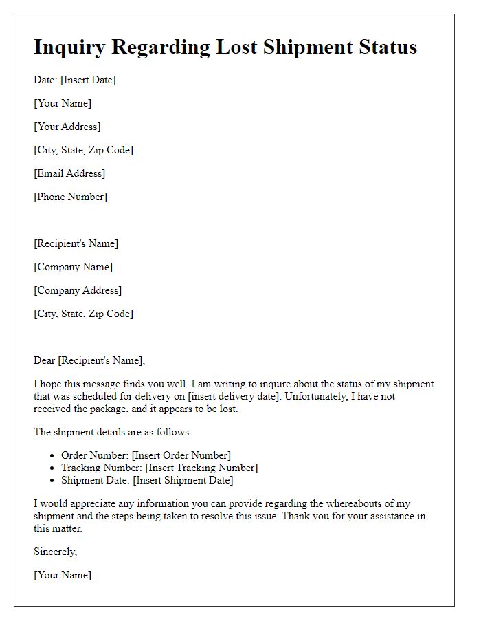 Letter template of inquiry regarding lost shipment status