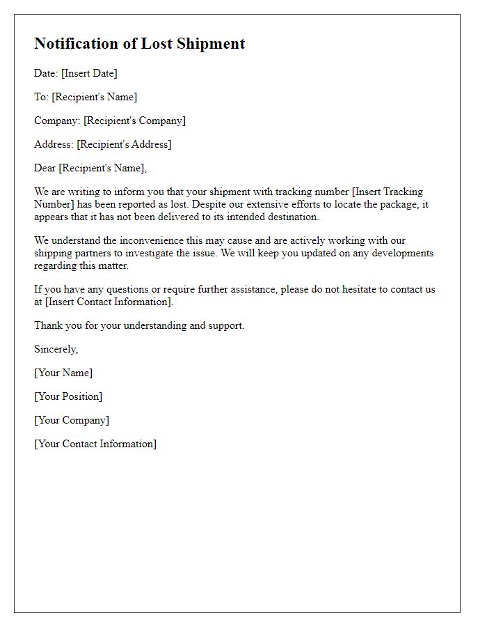 Letter template of notification about lost shipment