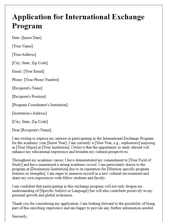 Letter template of application for international exchange program participation