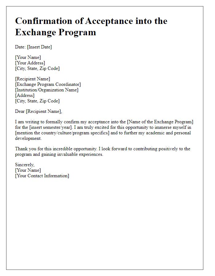 Letter template of confirmation for acceptance into the exchange program