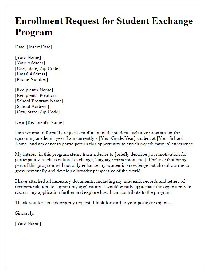 Letter template of enrollment request for student exchange opportunity