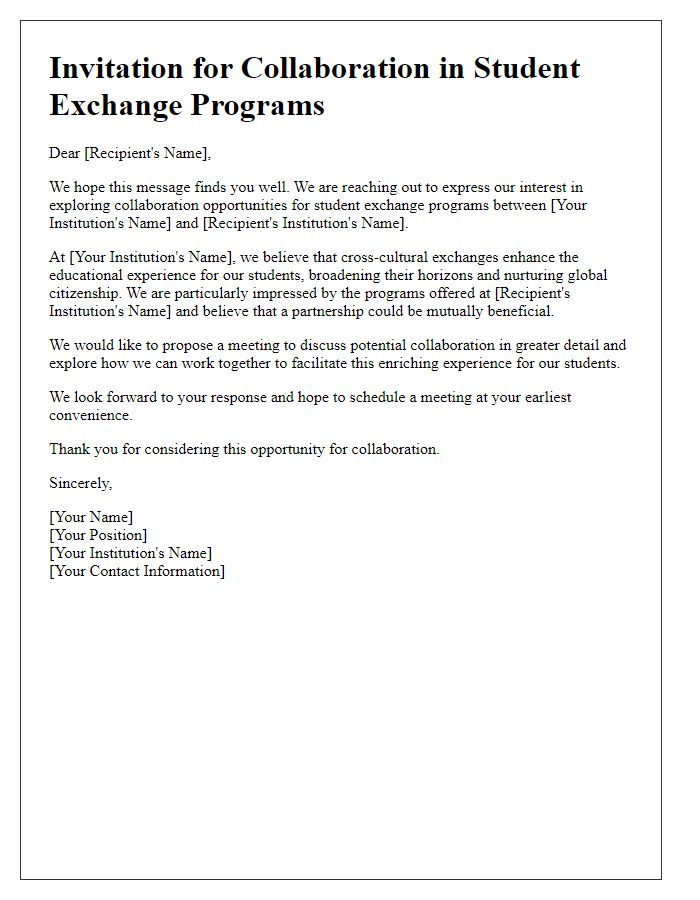 Letter template of invitation for collaboration in student exchange programs