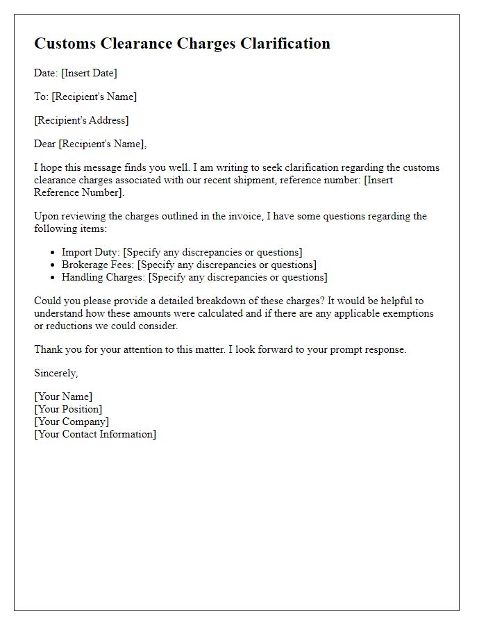 Letter template of customs clearance charges clarification