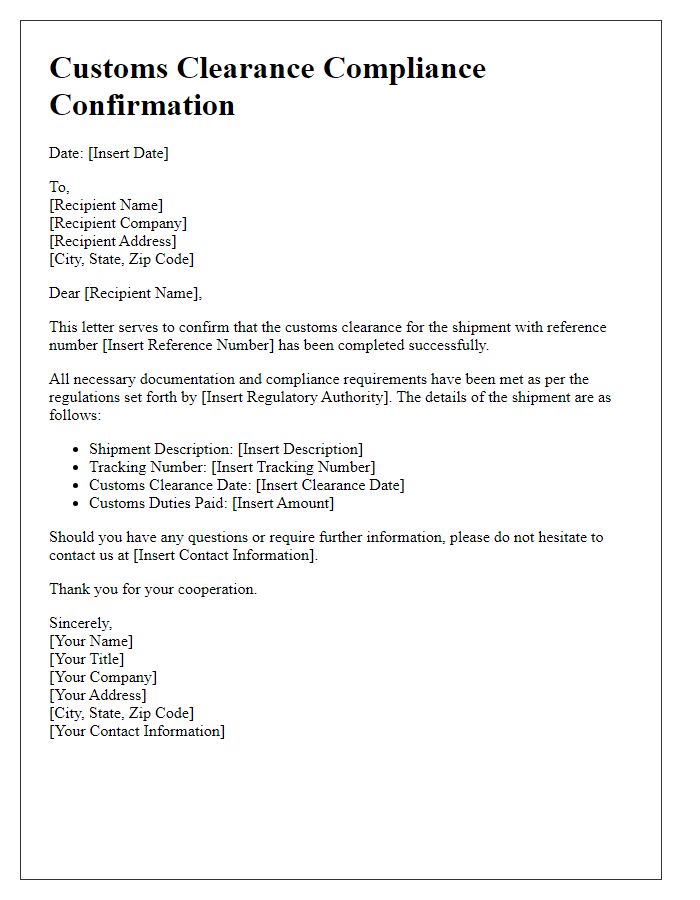 Letter template of customs clearance compliance confirmation