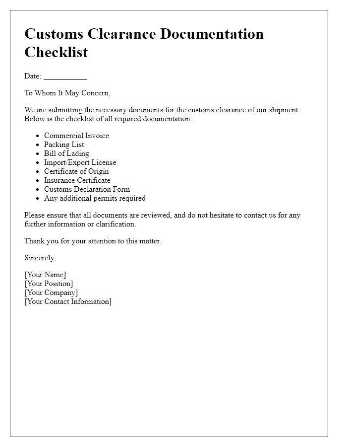 Letter template of customs clearance documentation checklist