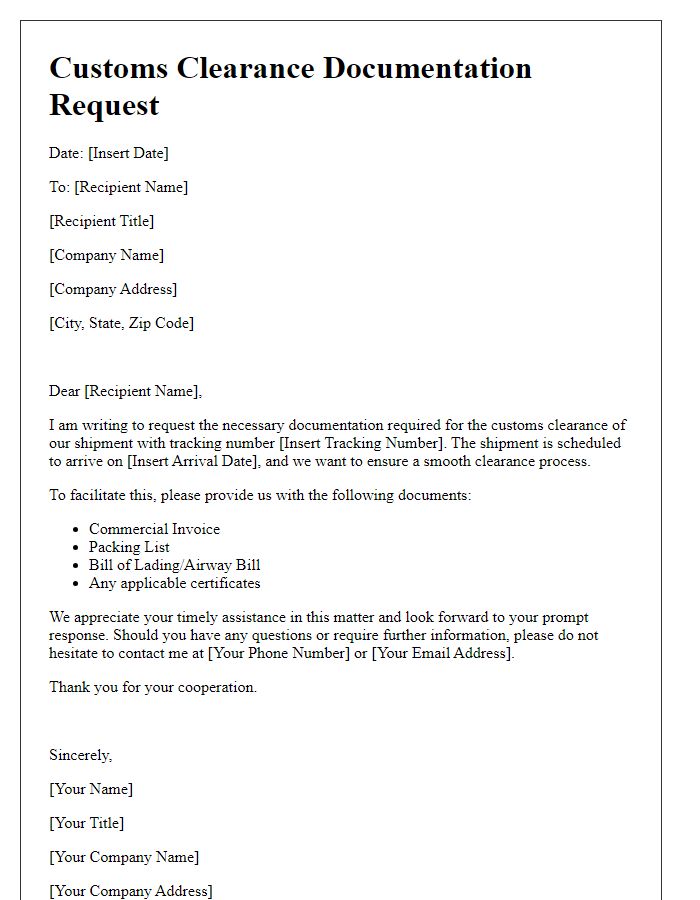 Letter template of customs clearance documentation request