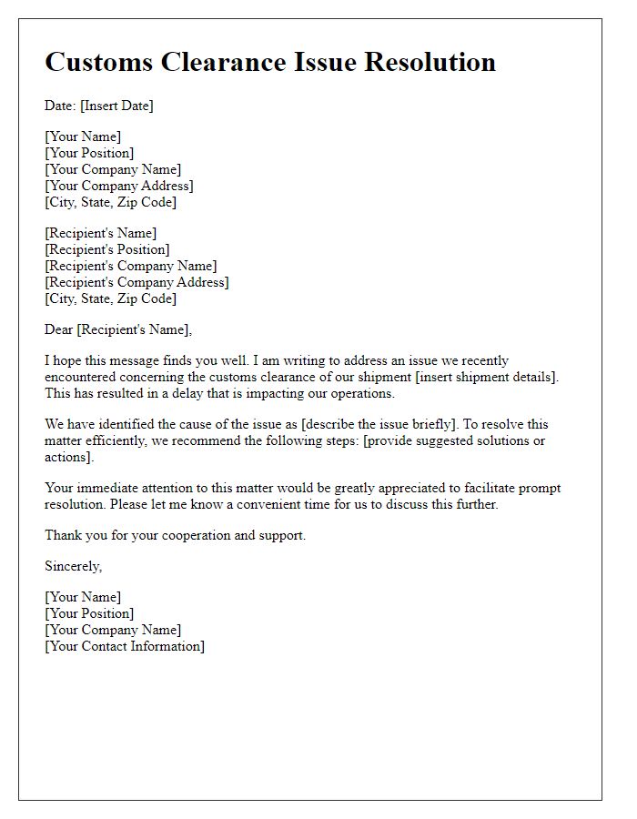 Letter template of customs clearance issue resolution