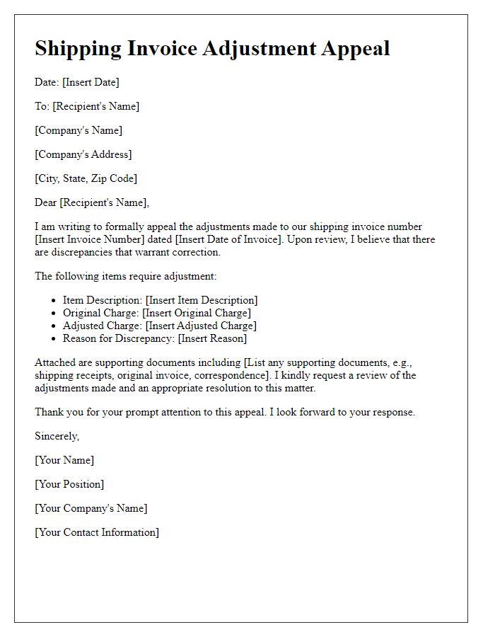 Letter template of shipping invoice adjustment appeal