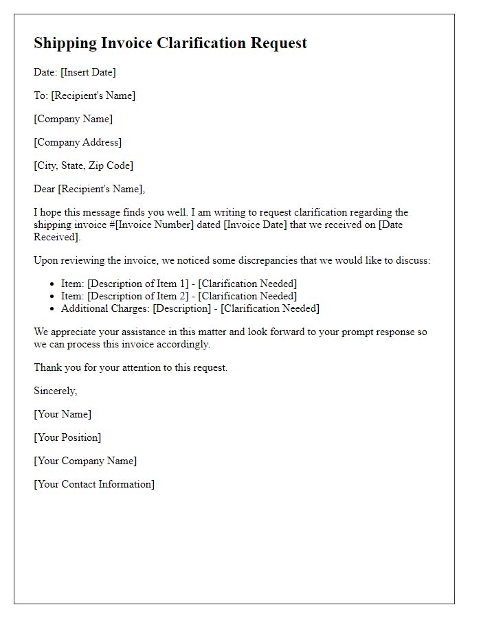 Letter template of shipping invoice clarification request