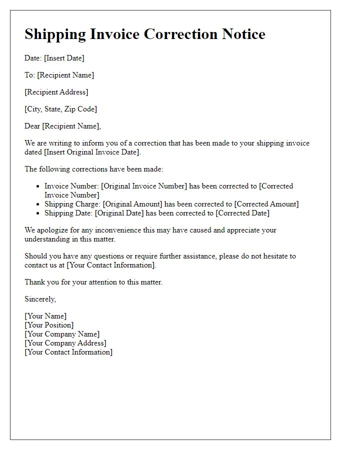 Letter template of shipping invoice correction notice