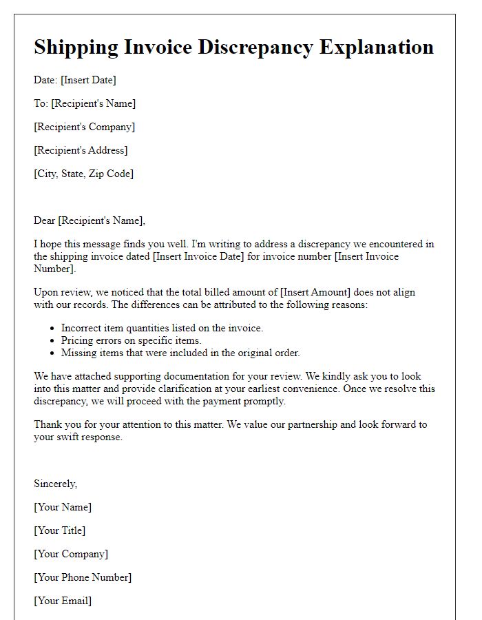 Letter template of shipping invoice discrepancy explanation