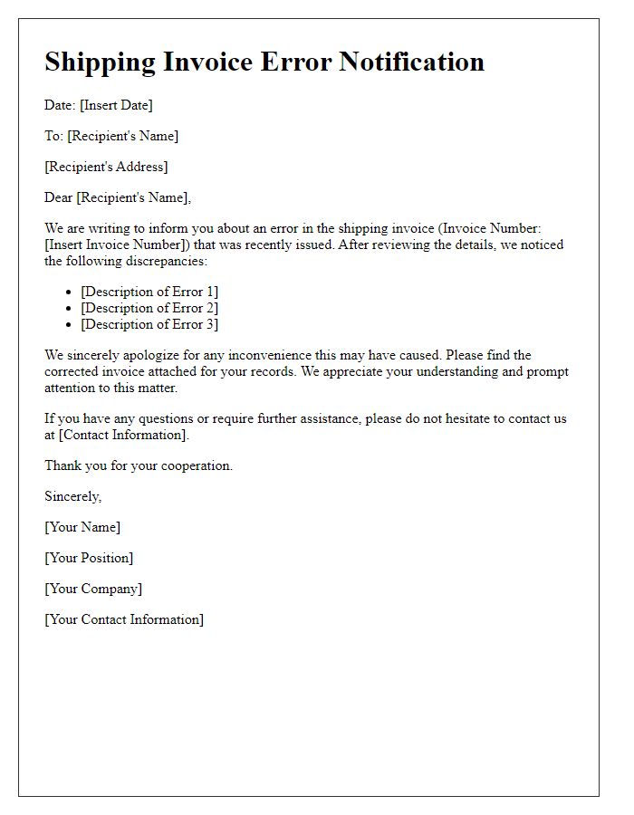 Letter template of shipping invoice error notification